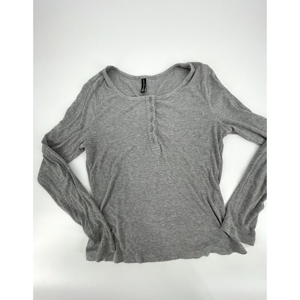 PrettyGarden‎ Henley Shirt Womens Large Gray Ribbed Viscose Stretch Long Sleeve